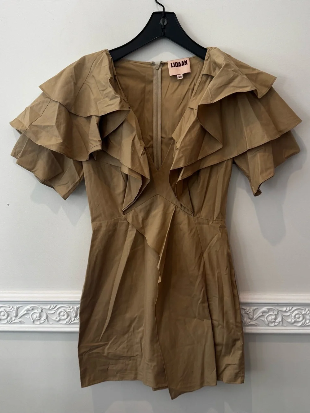 Lidaan Lina Ruffle Poplin Mini Dress In Beige with pockets , mini - Picture 4 of 11